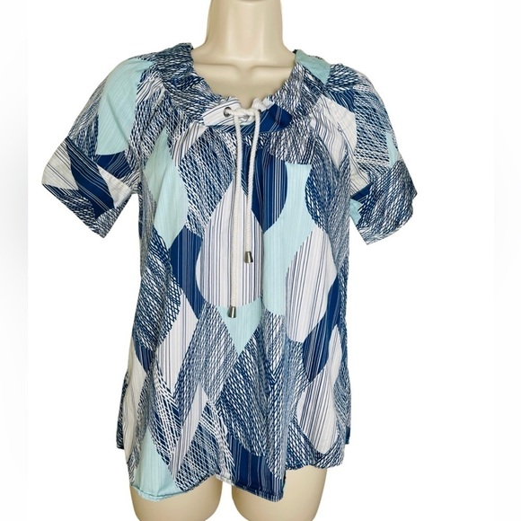 Calvin Klein Nautical Blouse Short Sleeve Tie Neck Rope Size XS Abstract Cotton - Picture 2 of 8
